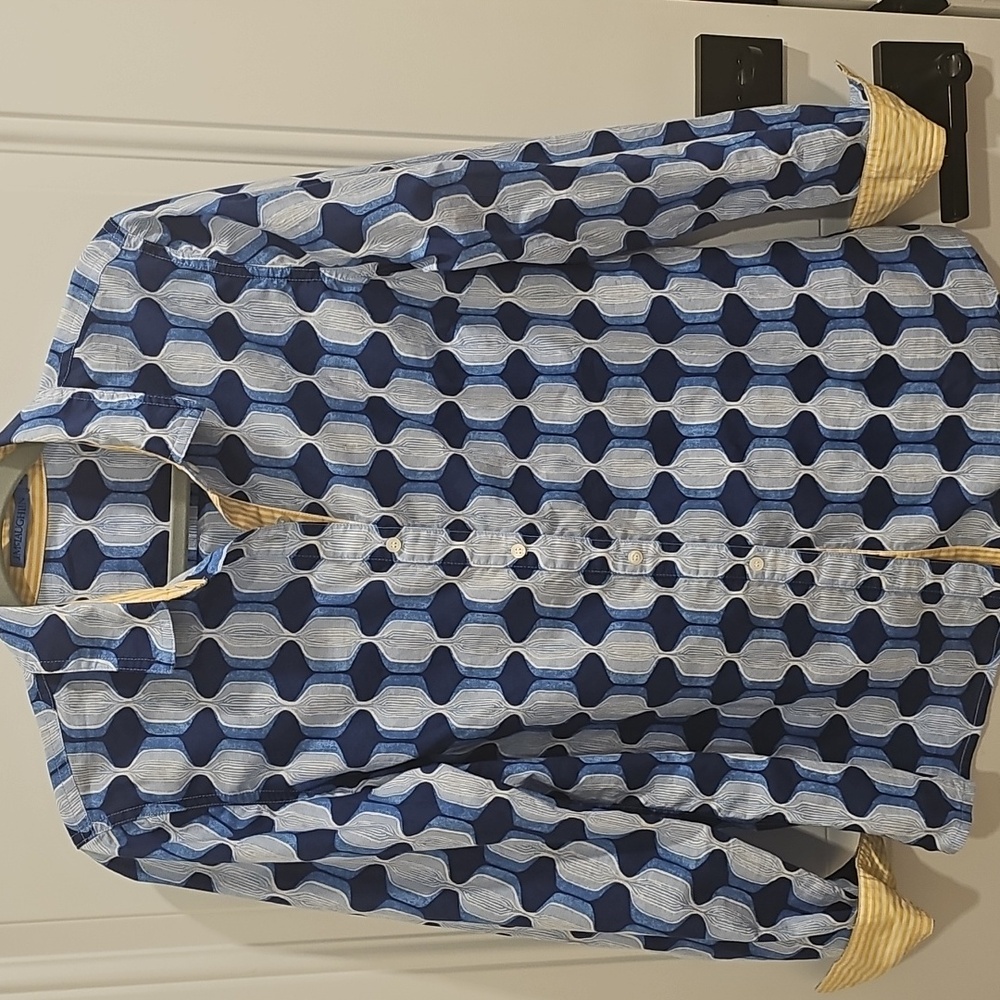 J. McLaughlin Size Medium Blue Print With Yellow Stripe Accents Shirt EUC - Picture 5 of 9